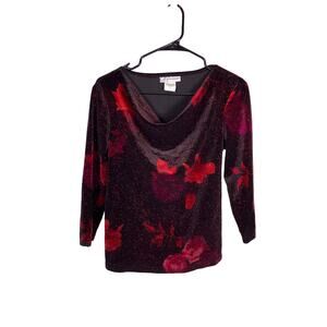 Dressbarn Y2K Floral Velvet Glittery Blouse Women’s Small – Cowl Neck Top
